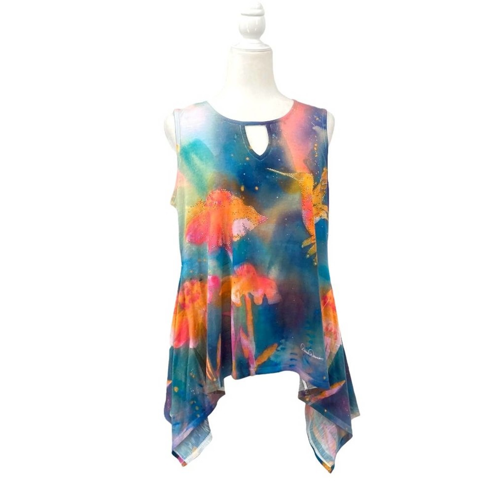 Dawn Davis Art & Sol Embellished Watercolor Keyhole Sleeveless Sharkbite Hem Top